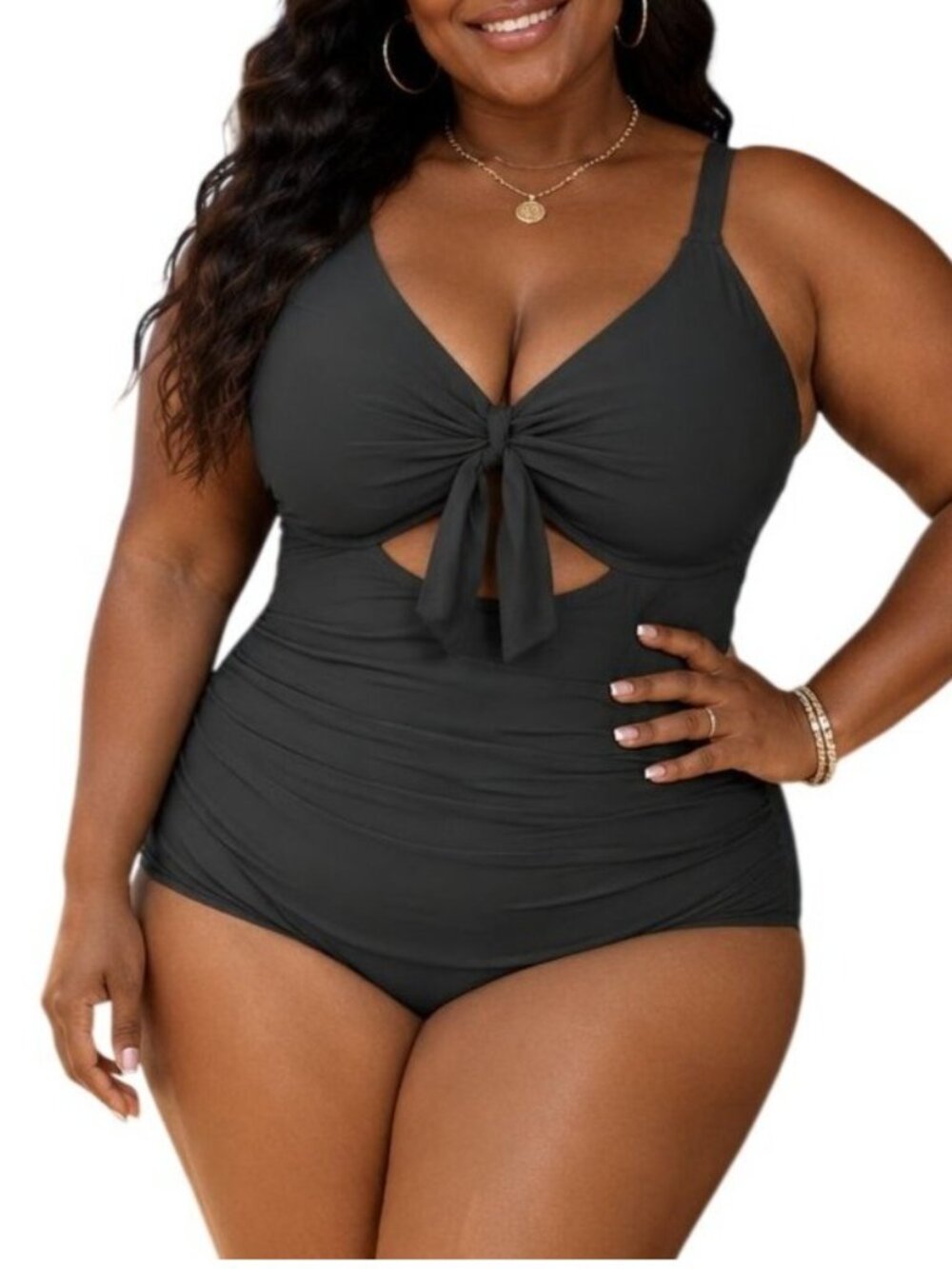 Aqua Eve Plus Size 16W Swimsuit One-Piece Black Tummy Control Tie Knot V-Neck
